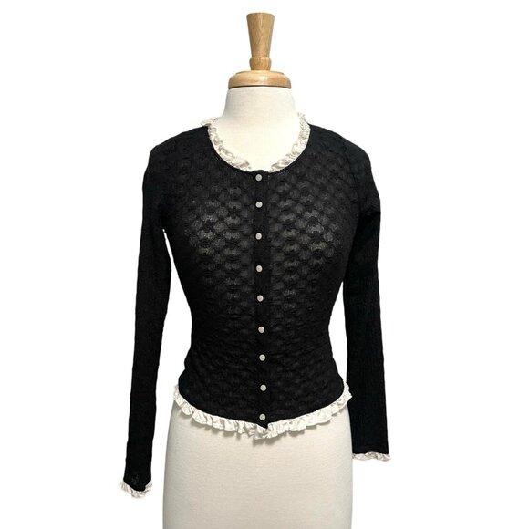 Free People Ruffle Trim Textured Goth Slim Fit Cardigan Sweater Black size XS - Picture 1 of 12
